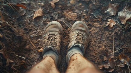 Athlete's feet in sports shoes on a tough dirt trail, engaged in trail running on a rugged outdoor terrain