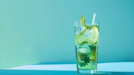 Light Green Summer Drink on a blue Background with Sunlight and Shadows