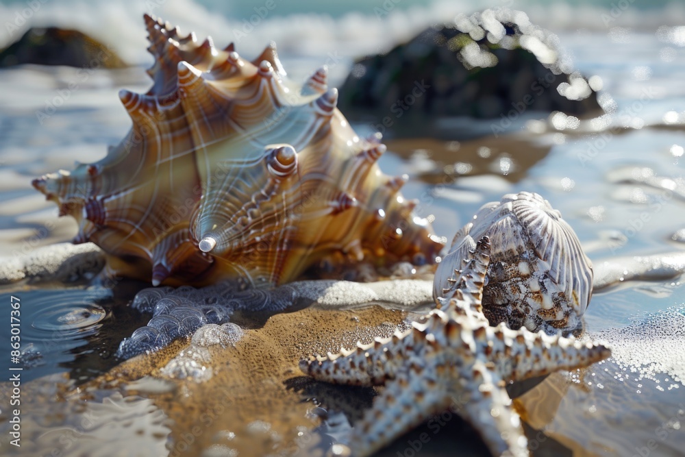 Poster a starfish and a shell found on a sandy beach, perfect for editorial or commercial use