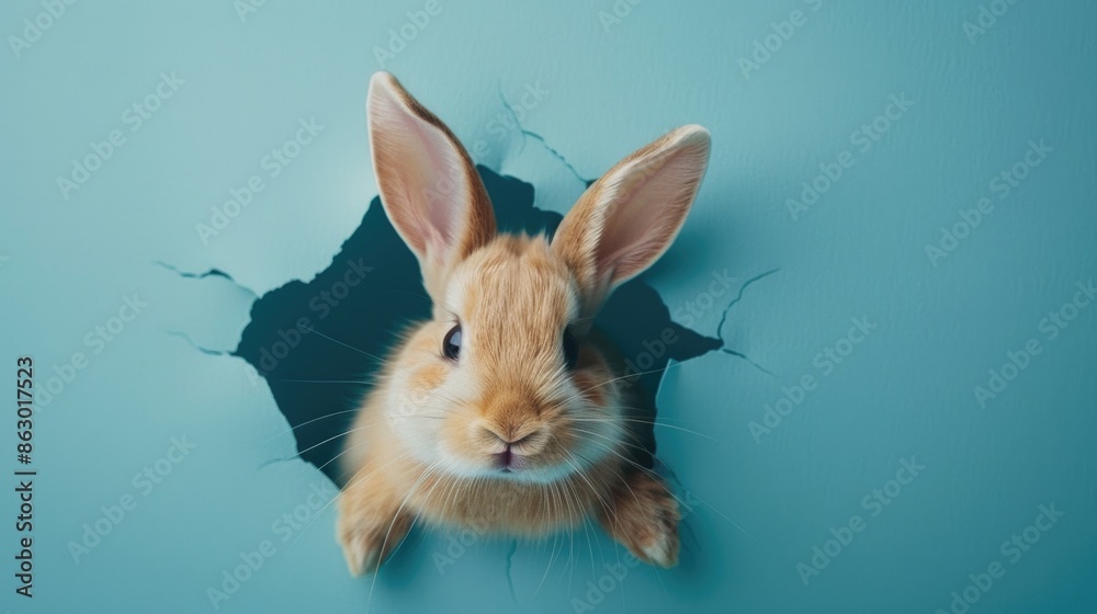 Sticker A small rabbit cautiously emerges from a hole in the wall, looking around with curiosity