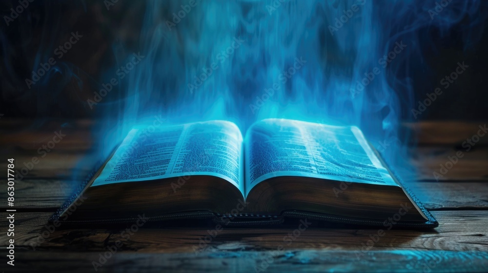 Poster a book is open on a wooden table with smoke coming out of it