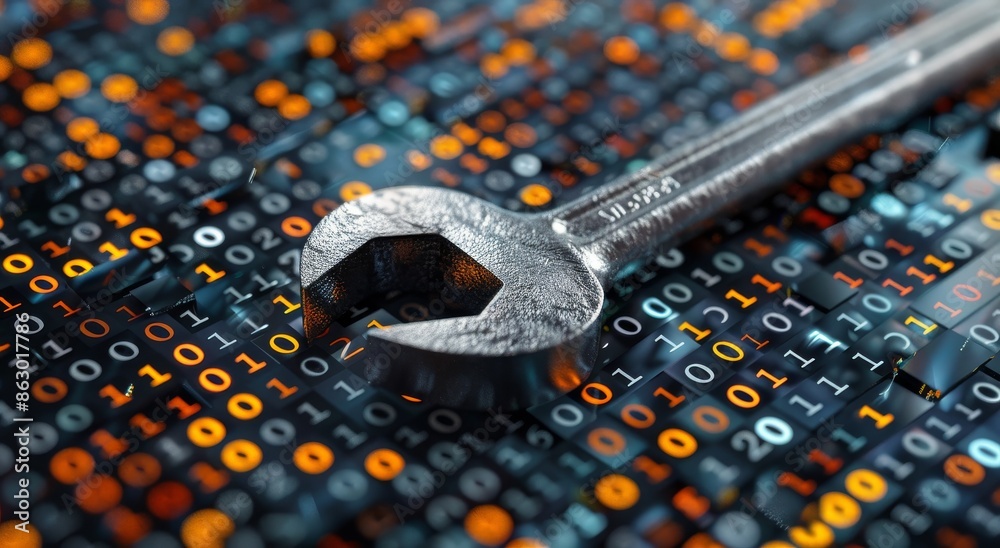 Poster silver wrench on digital binary code background