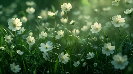 Fototapeta premium White Wildflowers Blooming in a Lush Meadow on a Sunny Day