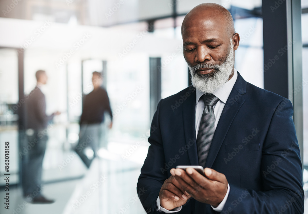Poster Mature, man and typing in workplace with smartphone, professional CEO and networking with executive. Message, business notification and internet search in office, web and email on communication app