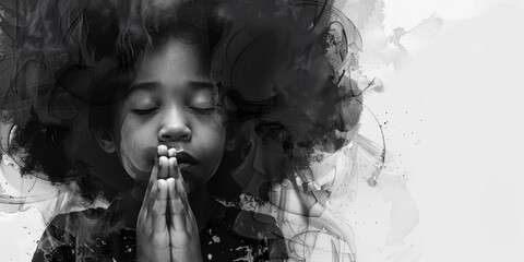 A young girl closes her eyes and holds her hands together in prayer, conveying innocence and devotion