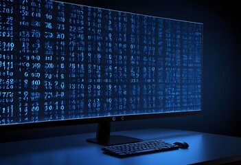 Blue digital binary data on the computer screen background. Generative AI