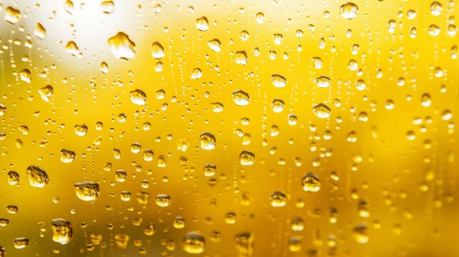 Water droplets on yellow-tinted glass, with the background blurred to emphasize the droplets