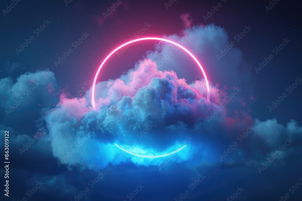 Poster A pink and blue neon circle floats in the clouds, creating a vibrant display of light and color