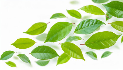 Fototapeta premium green leaves flying and floating in the air isolated on white background, Flying whirl green leaves in the air, Healthy products by organic natural ingredients concept. Generative AI