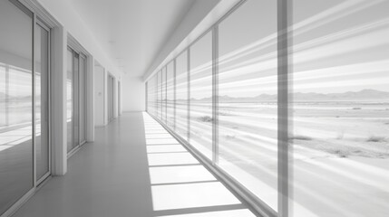 blurred hospital corridor with a window looking out onto a desert landscape.