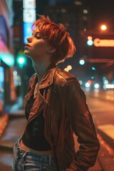Obraz premium A woman stands alone on a city street under the streetlights at night