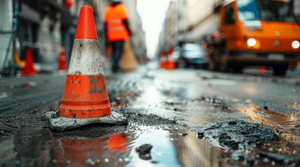 Close-up of a traffic cone on a street during construction. Blurred construction worker and urban background