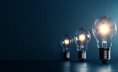 Bright Glowing Light Bulb Shining Among Five Bulbs on Dark Blue Background Conveying Creativity and Innovation

