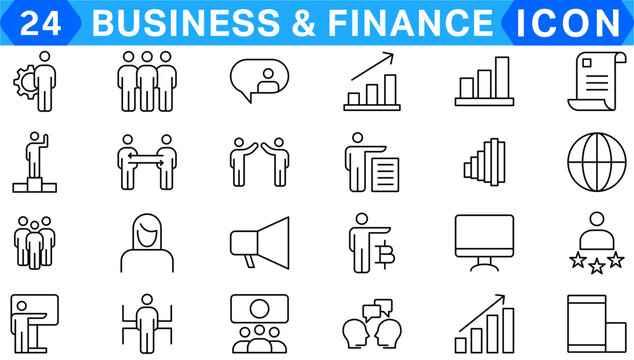 Vector business and finance editable stroke line icon set with money, bank, check, law, auction, exchance, payment, wallet, deposit, piggy, calculator, web and more isolated outline thin symbol