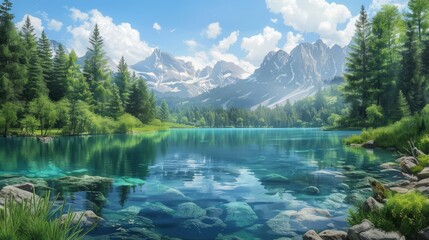 Fototapeta premium Illustration of A serene lake with crystal-clear water, surrounded by pine forests and mountains