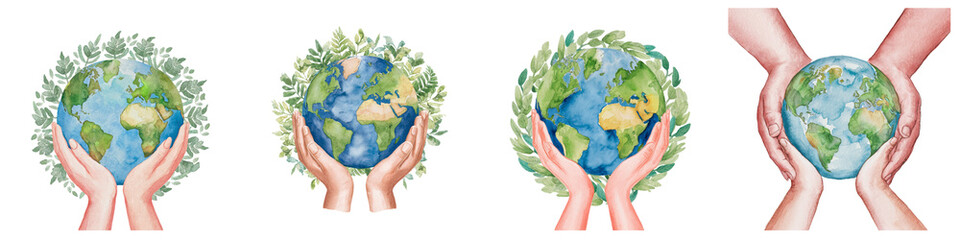 Four people holding hands around a globe