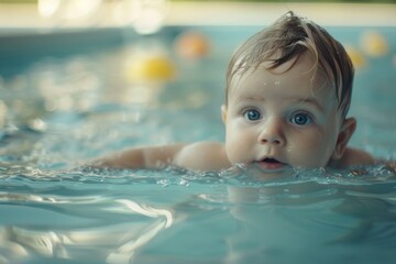 A young child playing and learning to swim in a pool
