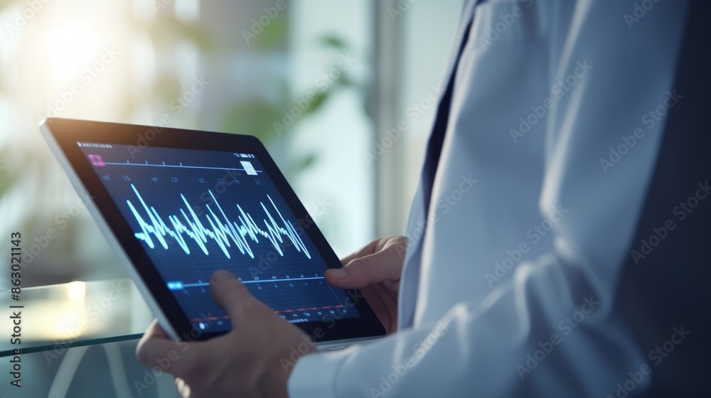 Poster A cardiologist pointing to a heart monitor reading on a digital tablet while explaining the patient's recent EKG results.