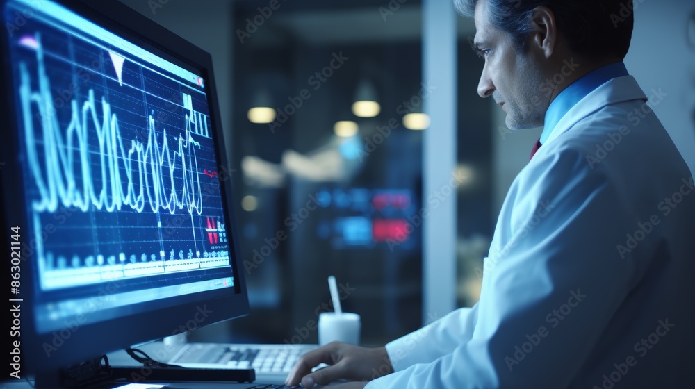 Poster A cardiologist pointing to a heart monitor reading on a digital tablet while explaining the patient's recent EKG results.