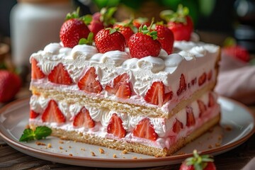 Strawberry yogurt meringue cake in sliced form, layers detailed, fresh strawberry topping, home kitchen setting, natural light, medium closeup, eyelevel