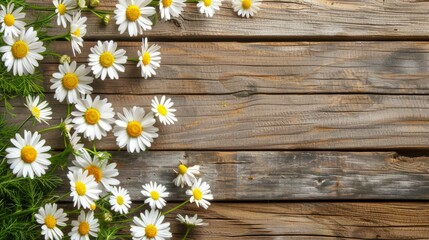 Obraz premium Daisy chamomile flowers on wooden background. View with copy space