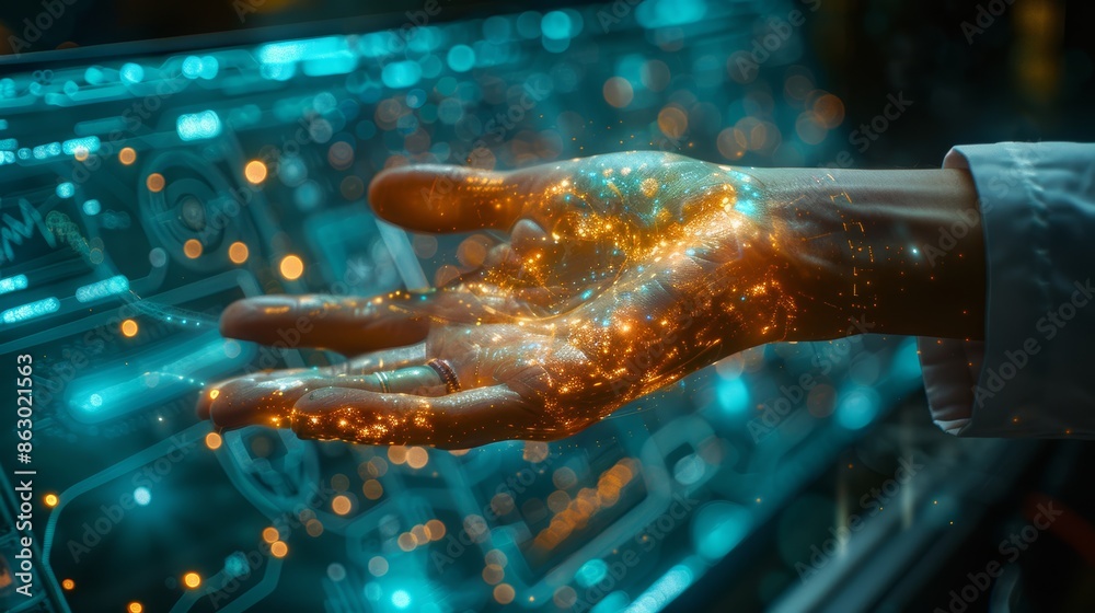 Poster a close-up shot of a doctor's hand using a gesture-controlled holographic medical interface to manip