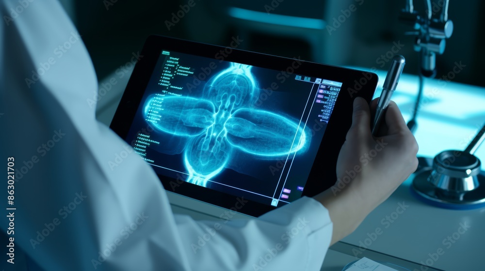 Aufkleber a close-up shot of a doctor's hand using a stylus to point out specific details on an mri scan displ
