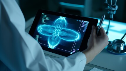 A close-up shot of a doctor's hand using a stylus to point out specific details on an MRI scan displayed on a digital tablet.