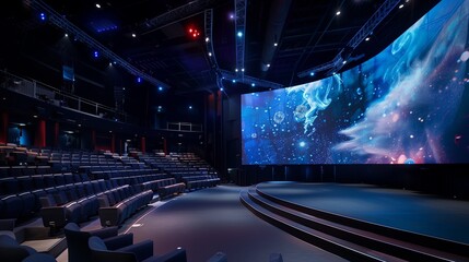 a hybrid public speaking event where a state-of-the-art auditorium is split into a physical audience area