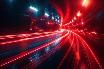 Abstract red lines depict the speed of the road in red. Red light trails on a dark background, with a high speed and fast motion blur effect.