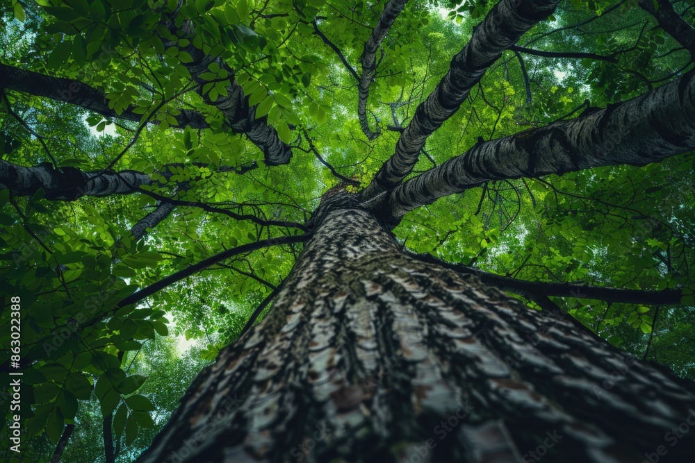 Poster a tall tree standing alone in the midst of a dense forest, surrounded by lush greenery and dappled s