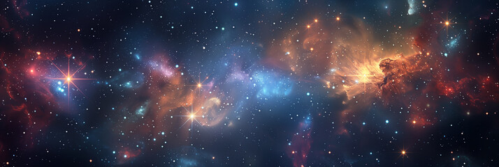 Enchanting Cosmic Vista: A Stellar Journey Through the Star-Studded Infinity of Space. Universe, stars, deep space. Wide Horizontal Template, poster, banner, cover, header. Generative Ai content