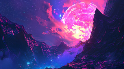 Obraz premium Neon Dreamscape: A Purple and Pink Planet Over Mountains