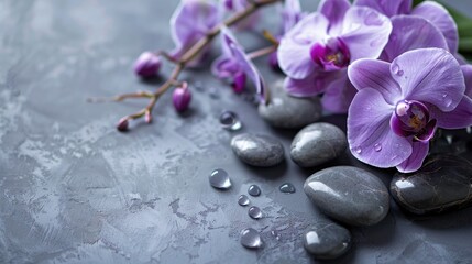 Purple orchid beauty on gray backdrop spa theme with text room