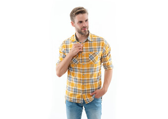 Fototapeta premium Man in checkered shirt isolated on white. Stylish man with stylish hairstyle. Trendy male fashion style. Male casual style. Caucasian casual guy. Chill vibe