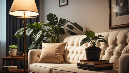 Frontal view of a simple and cozy sofa with a lamp and plants standing next to it in the living room