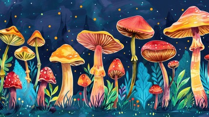Watercolor of Bright and Colorful Mushrooms in a Fungi Woodland , nature, artistic, vibrant, organic, forest , illustration