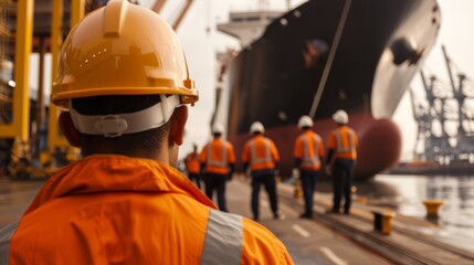 Shipyard operations, upper body shot of workers from behind, performing maintenance on ships, industrial setting with large vessels and equipment, maritime environment