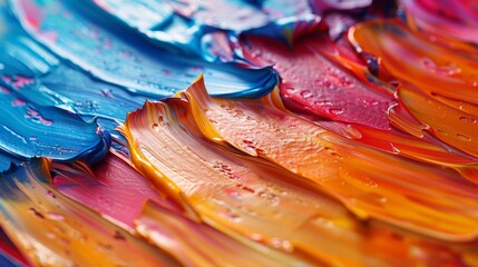 A close-up shot of colorful oil paint strokes on a canvas, blending seamlessly to create a...