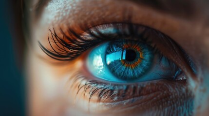 A close-up shot of a person's blue eye with details visible