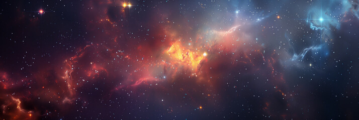 Enchanting Cosmic Vista: A Stellar Journey Through the Star-Studded Infinity of Space. Universe, stars, deep space. Wide Horizontal Template, poster, banner, cover, header. Generative Ai content