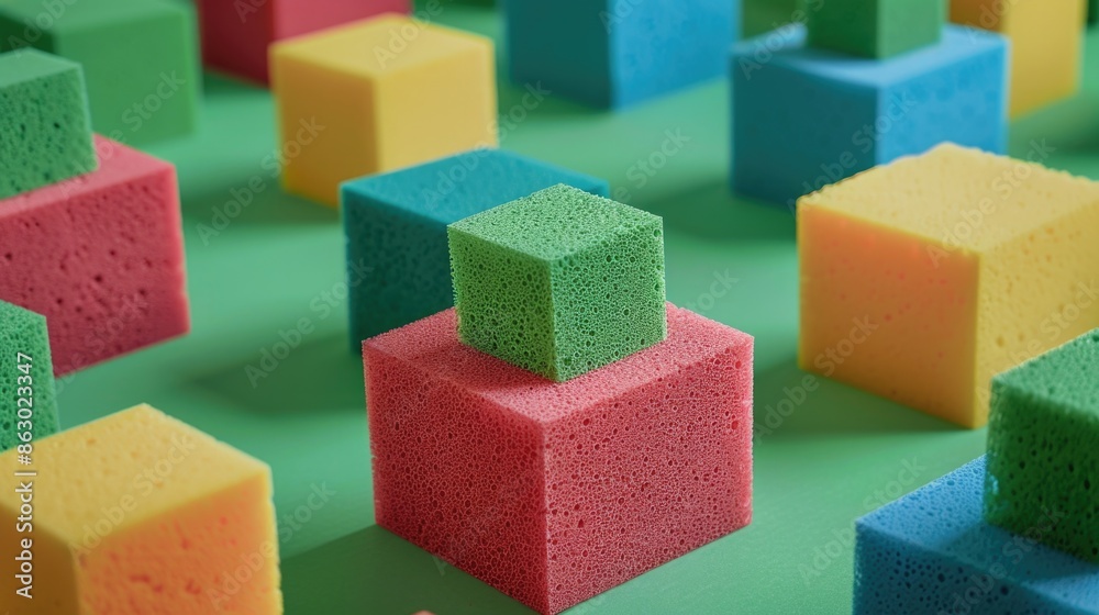Poster A group of colorful blocks arranged on a green surface, perfect for illustrations and design projects