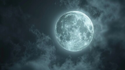 Full moon shining through cloudy sky