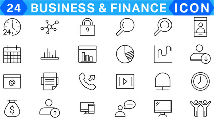 Business and Finance web icons in line style. Money, bank, contact, infographic. Icon collection. Vector illustration.
