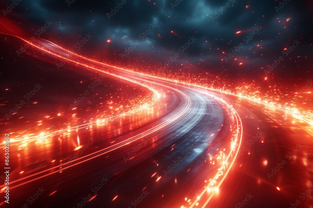 Wall mural Abstract red lines depict the speed of the road in red. Red light trails on a dark background, Design of albums, notebooks, banners, postcards, posters