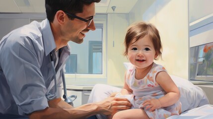 Fototapeta premium A compassionate male pediatrician, his smile radiating warmth, playfully interacts with a young patient in a brightly lit hospital room.