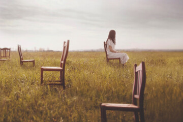 surreal lonely woman sitting on a chair in the middle of the field surrounded by other empty...