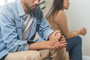 Fototapeta premium Breakup and depressed, asian young quarrel couple love fight relationship in trouble. Different people are emotion angry. Argue husband has expression upset with wife. Problem of family people.