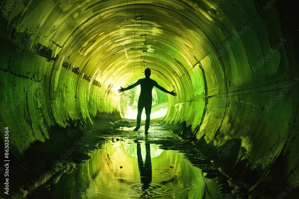 Poster a person standing in a dark tunnel with their arms outstretched, great for use as a symbol of hope o
