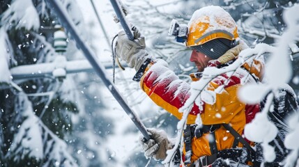 Engineer Working on Power Line Maintenance in Snow. Engineer in safety gear works on power line maintenance in snowy condition
